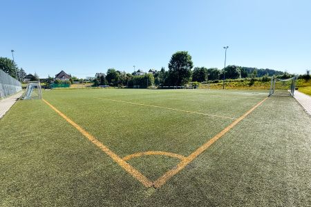 Kunstrasen SG Traktor Neukirchen: Ein kompakter Kunstrasen-Fußballplatz im Freien mit gelben Linien, zwei Toren, üppigem Grün und strahlend blauem Himmel. Häuser und Bäume bilden die malerische Kulisse.