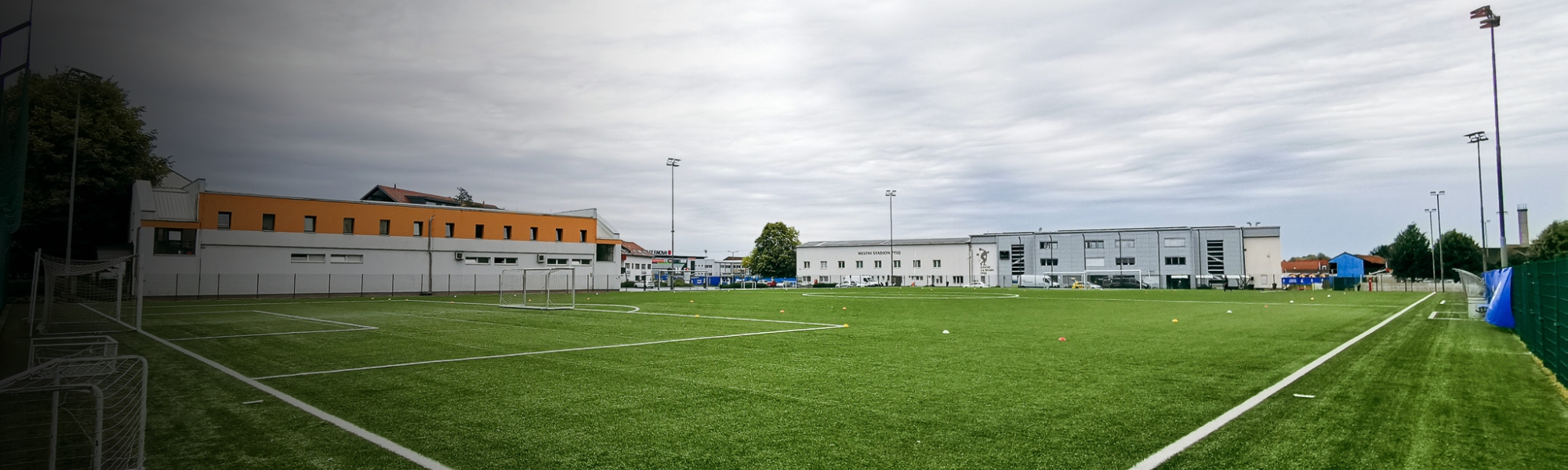 Kunstrasen-Fußballplatz mit Flutlichtanlage umgeben von Häusern.