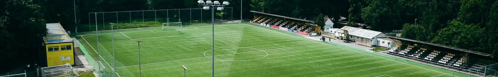 Ein Fu&szlig;balltrainingsplatz, umgeben von dichten W&auml;ldern, mit einer kleinen Trib&uuml;ne und Flutlichtmasten.