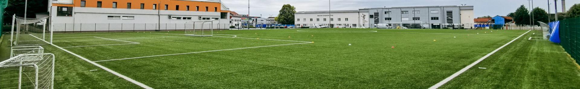 Kunstrasen-Fußballplatz mit Flutlichtanlage umgeben von Häusern.