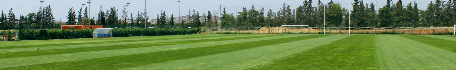 Fu&szlig;ballplatz in Portugal mit gepflegtem Rasen, umgeben von B&auml;umen.