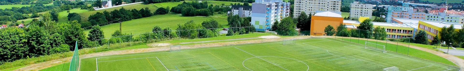  Fu&szlig;ballfeld mit Kunstrasen in einer malerischen H&uuml;gellandschaft, umgeben von Wohnh&auml;usern.