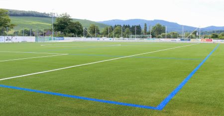 Der Hanauer Hof, ein gro&szlig;es traditionelles Hotel mit Ziegeldach und gr&uuml;nen Fensterl&auml;den, steht an einer Stra&szlig;enecke in Appenweier. Autos sind drau&szlig;en geparkt, Sonnenkollektoren s&auml;umen das Dach, und ein Kunstrasenplatz ist unter dem klaren blauen Himmel ni