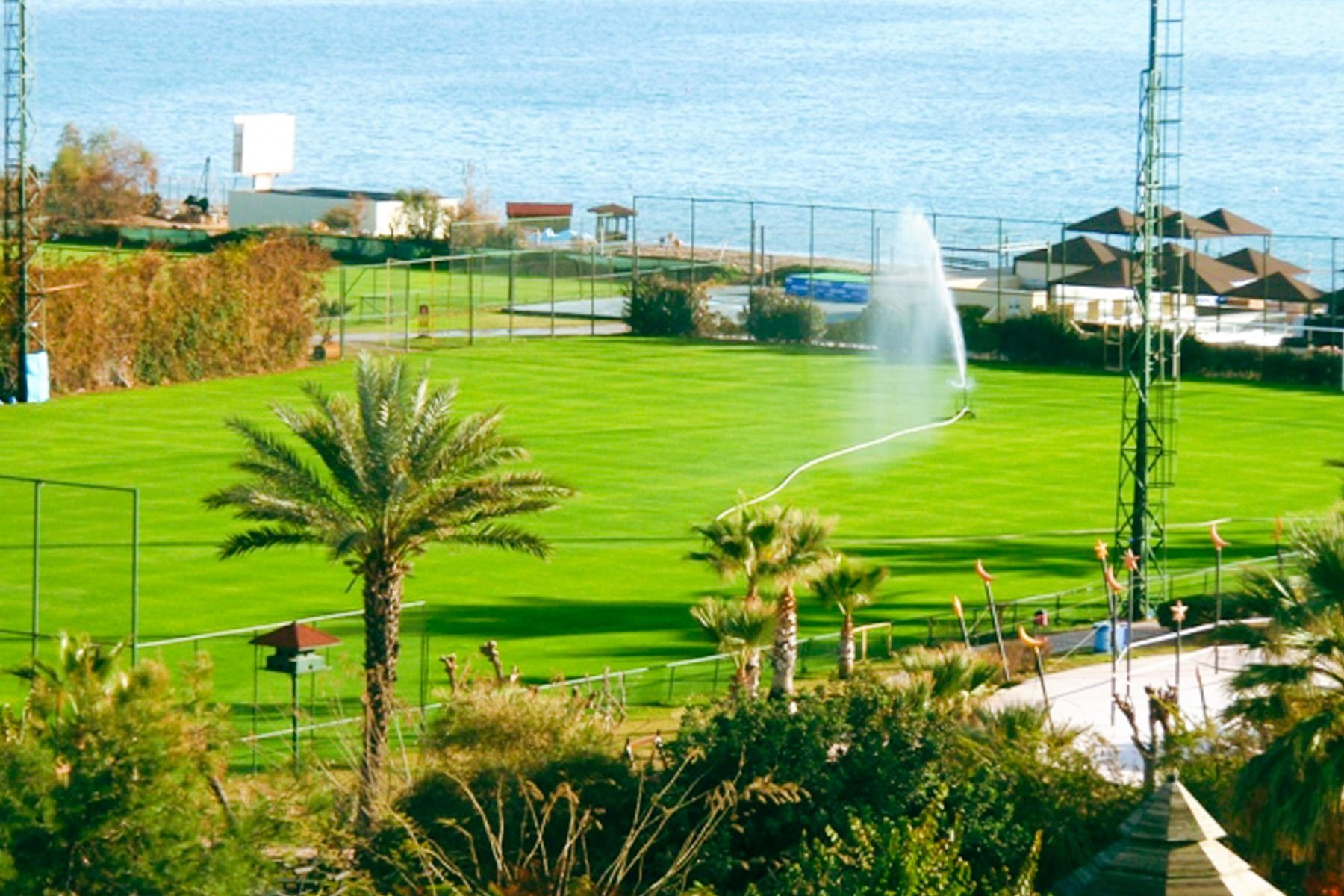 A lush green soccer pitch at the Limak Arcadia Hotel, watered by sprinklers and lined with palm trees, lies close to the sea with blue water under a clear sky - an ideal location for a soccer training camp Turkey.