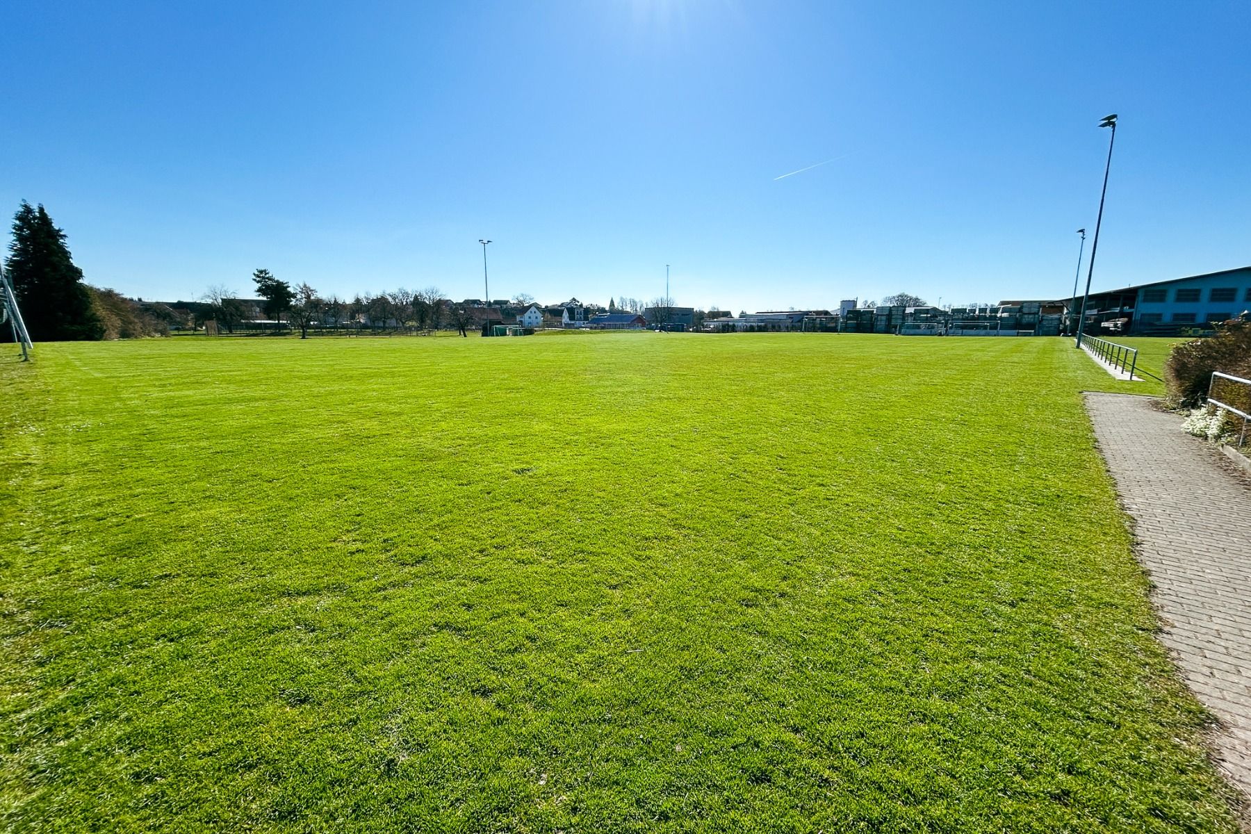 Hotel Adler features a large, grassy field under a clear blue sky with bright sunlight. A paved pathway borders the right side, while buildings and trees in the background create a welcoming family atmosphere.