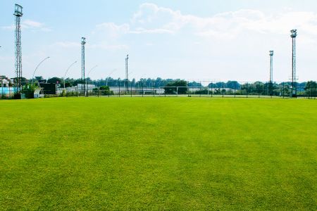 A bright, sunny view of the empty green field of Arcadia Sports Complex 2, surrounded by high floodlights, a fence and trees under a blue sky with scattered clouds.