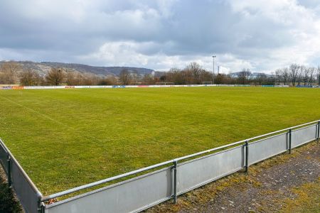 TSV Limbach's main pitch is a spacious soccer field with green grass, surrounded by a metal fence, with trees and hills in the background under a cloudy sky.