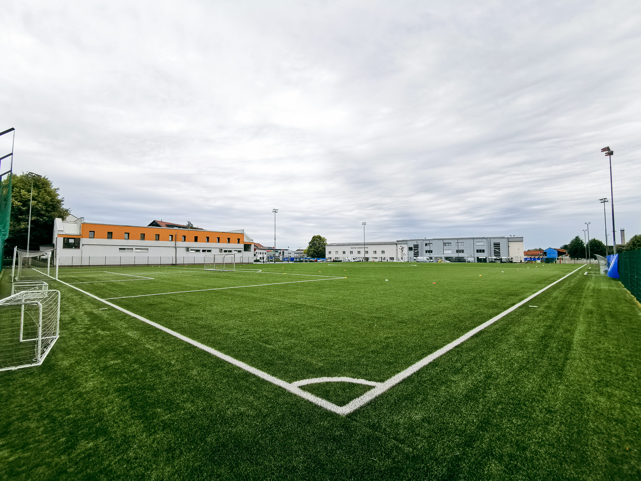 Kunstrasen-Fußballplatz mit Flutlichtanlage umgeben von Häusern.