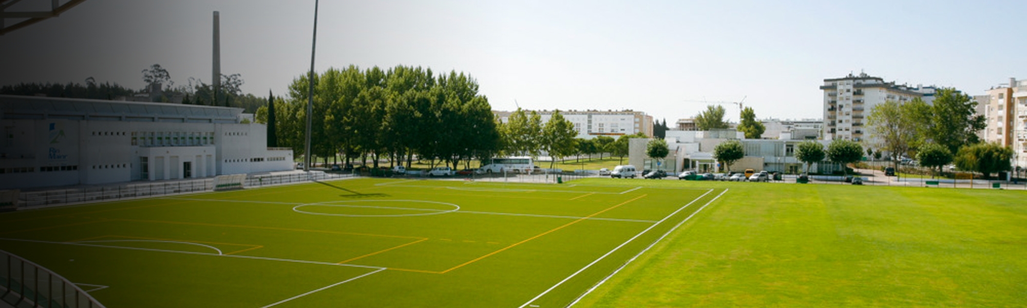 A modern artificial turf pitch in Lisbon, with houses in the background.