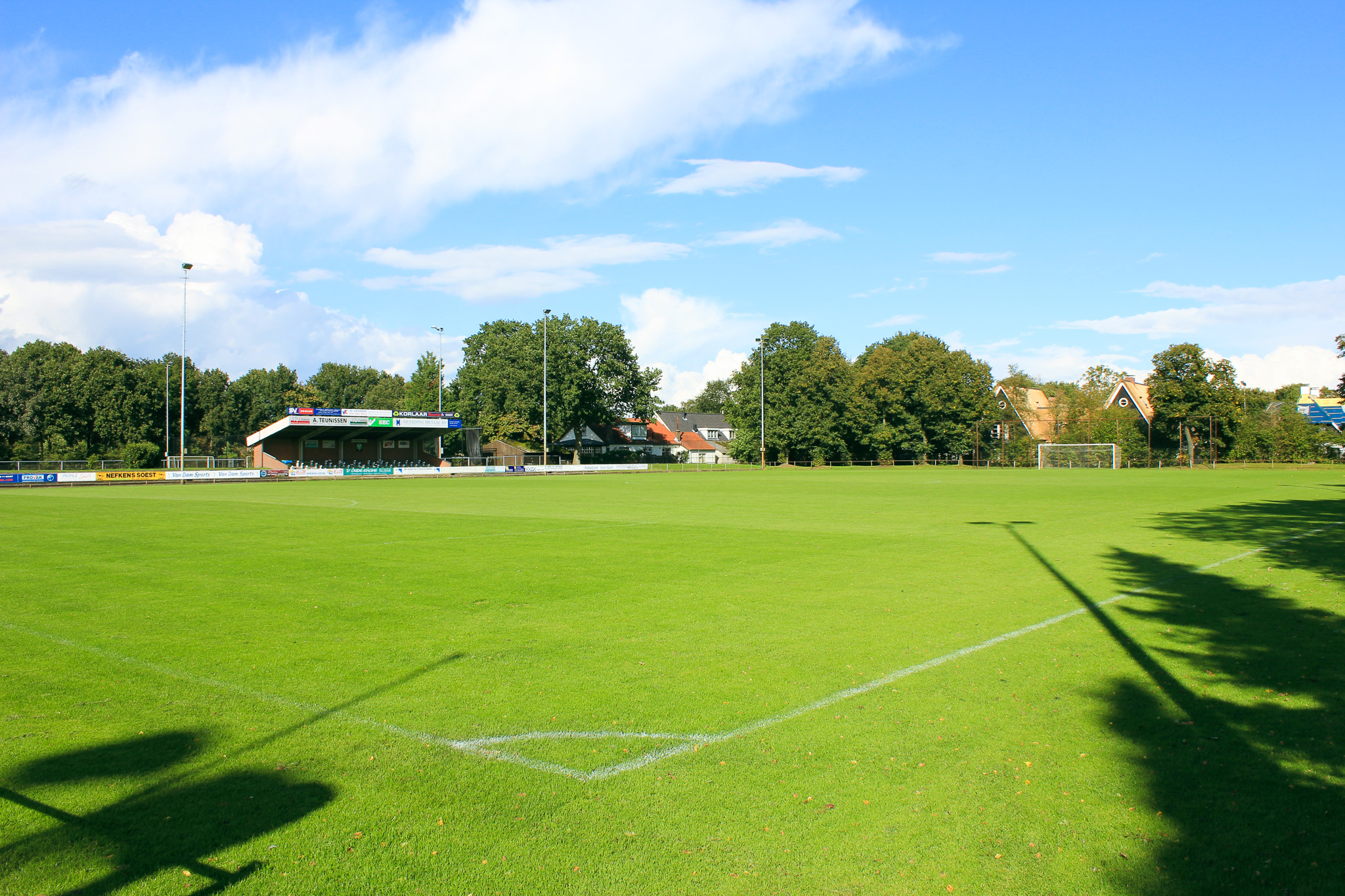 Football pitch in Utrecht with a green pitch, stands and floodlight masts, surrounded by trees and houses in the background.