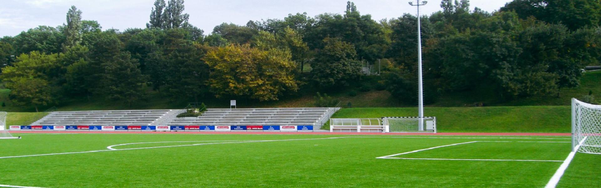 Modern voetbalveld met een tribune.