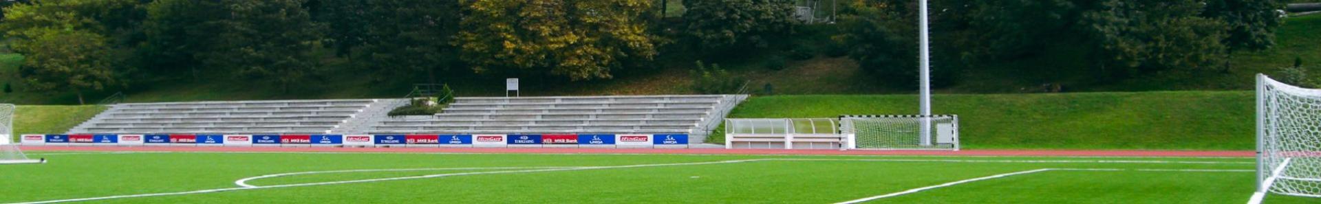 Modern voetbalveld met een tribune.