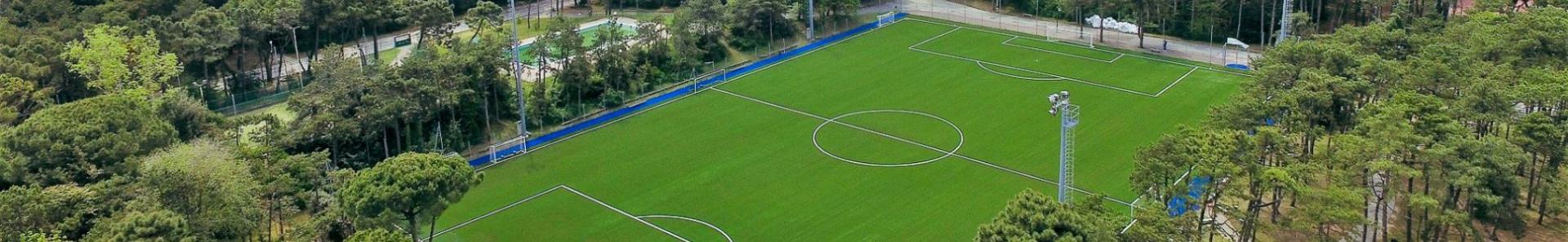 Voetbalcomplex aan de Boven-Adriatische Zee met een kunstgrasveld, omgeven door bomen en vlak bij het strand