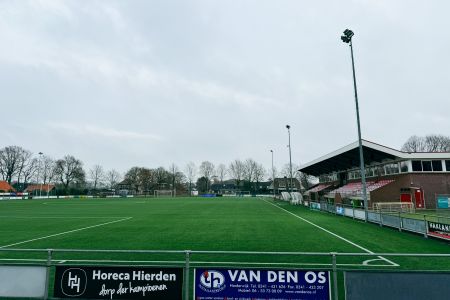 Het kunstgrasveld 1 Hierden bestaat uit een groen kunstgrasveld met metalen leuningen, een overdekte tribune met rode stoeltjes aan de rechterkant en uitzicht op bomen en gebouwen op de achtergrond onder een bewolkte hemel.
