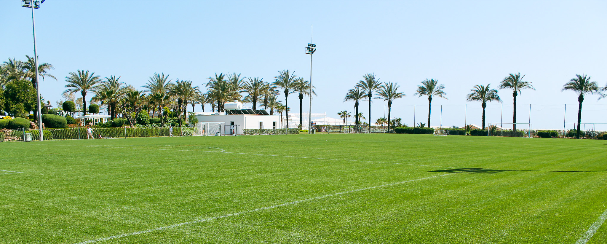 Voetbalveld in Lara met eersteklas gras en palmbomen op de achtergrond, ideaal voor intensieve trainingssessies.