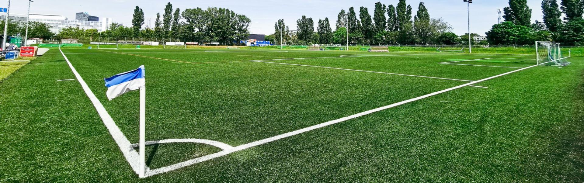 Fotballbane med kunstgress og bl&aring; hj&oslash;rneflagg i Wien, omgitt av tr&aelig;r og moderne bygninger i bakgrunnen.