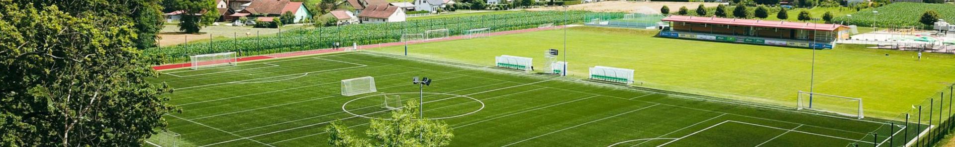 Fotballtreningsleir med kunstgressbane og naturgressbane midt i et idyllisk landskap med sm&aring; hus i bakgrunnen.