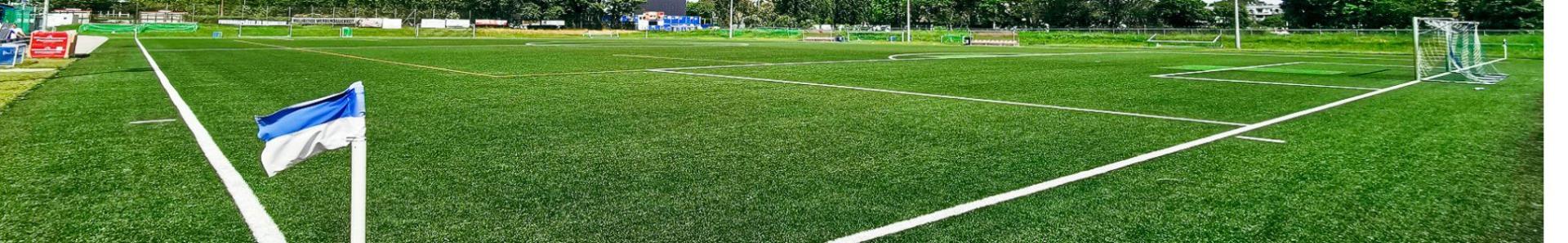 Fotballbane med kunstgress og bl&aring; hj&oslash;rneflagg i Wien, omgitt av tr&aelig;r og moderne bygninger i bakgrunnen.