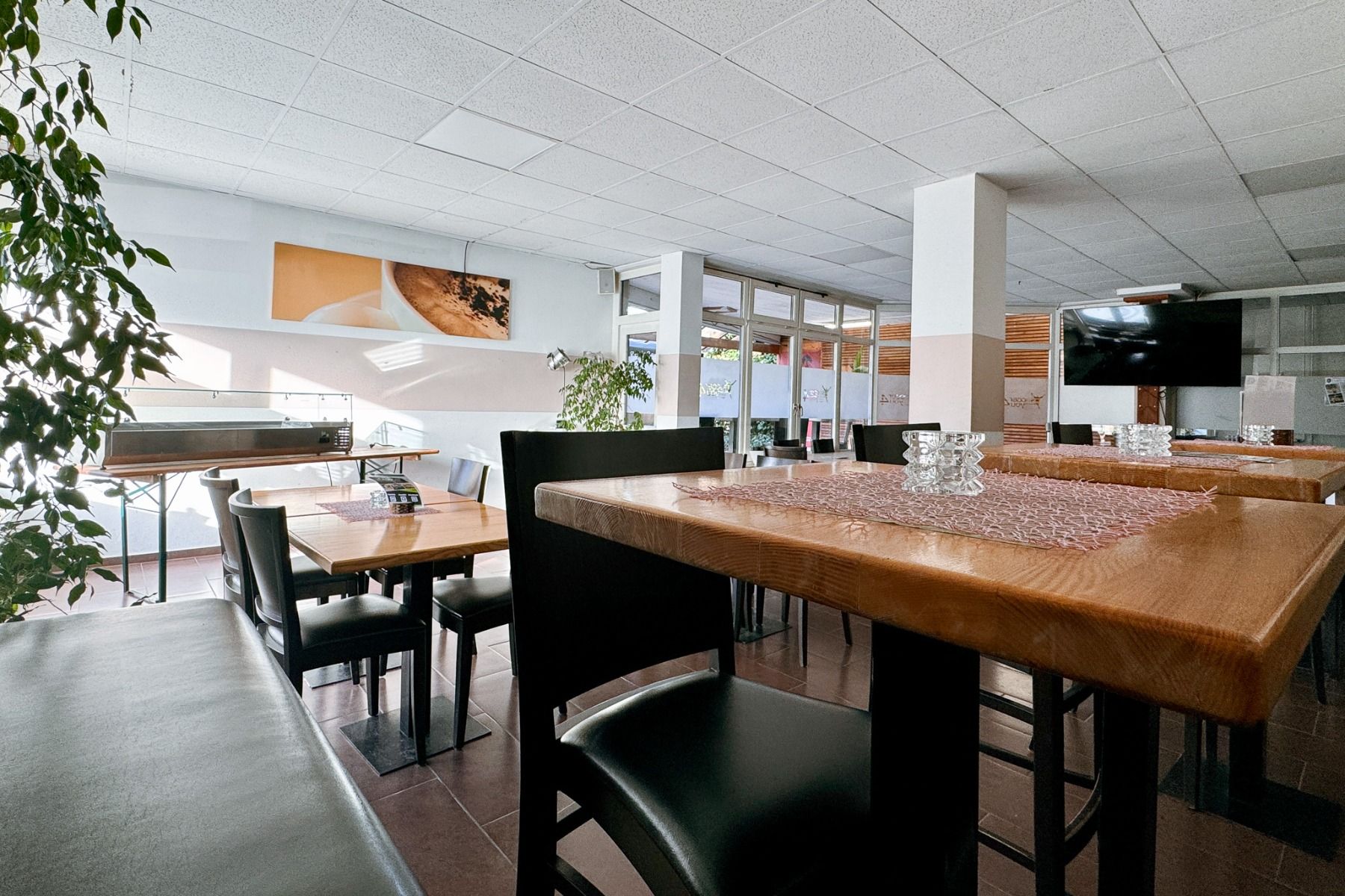 Der Sportpark Fun4You verfügt über ein modernes, sonniges Restaurant mit Holztischen, schwarzen Stühlen, üppigen Pflanzen und einem großen, an der Wand befestigten Fernseher - ein einladender Ort für Teambuilding nach den Aktivitäten im Sportpark Fun4You.