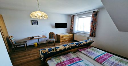 Der Gasthof & G&auml;stehaus Trummer, ein hellblauer Gasthof mit rotem Dach, steht an einer von B&auml;umen ges&auml;umten Stra&szlig;e nahe der Sportanlage Ritzing. Bei teilweise bew&ouml;lktem Himmel sind parkende Autos und andere H&auml;user in der N&auml;he.