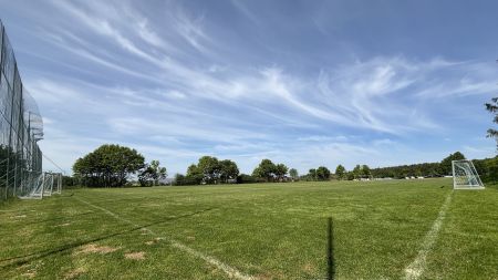 Der Naturrasenplatz Blaubeuren bietet einen großen Rasenplatz mit mehreren kleinen Toren unter einem blauen, wolkenverhangenen Himmel. Bäume begrenzen das Spielfeld, und ein Metallzaun säumt die linke Seite.