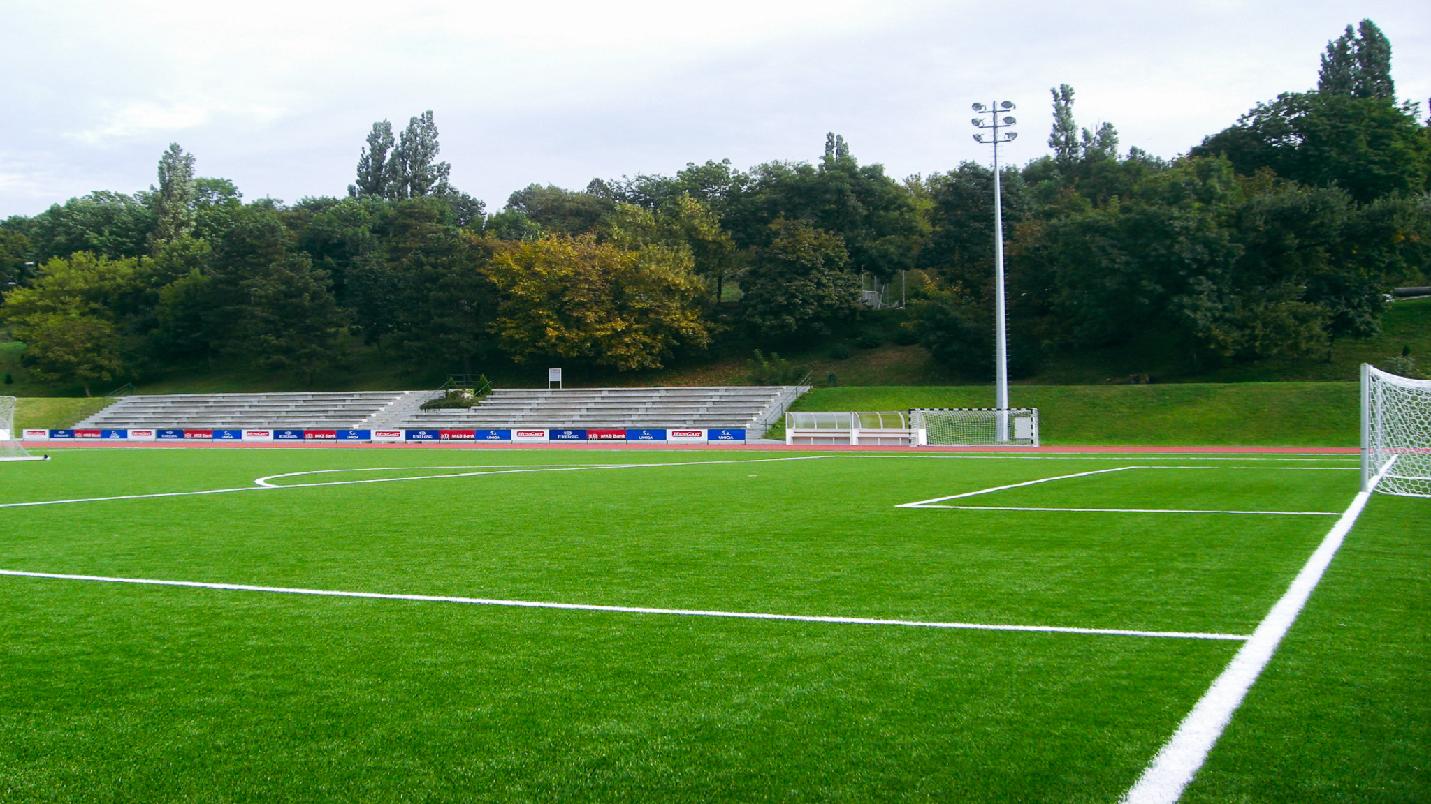 Moderner Fu&szlig;ballplatz mit einer Zuschauertrib&uuml;ne.