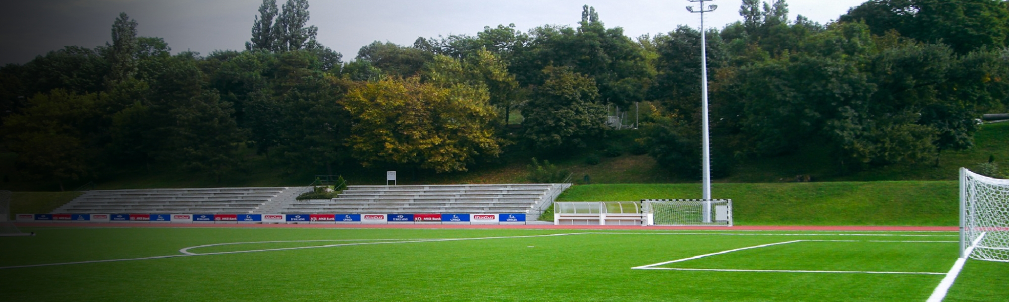 Panoramaaufnahme eines Fu&szlig;ballplatzes mit einer Zuschauertrib&uuml;ne